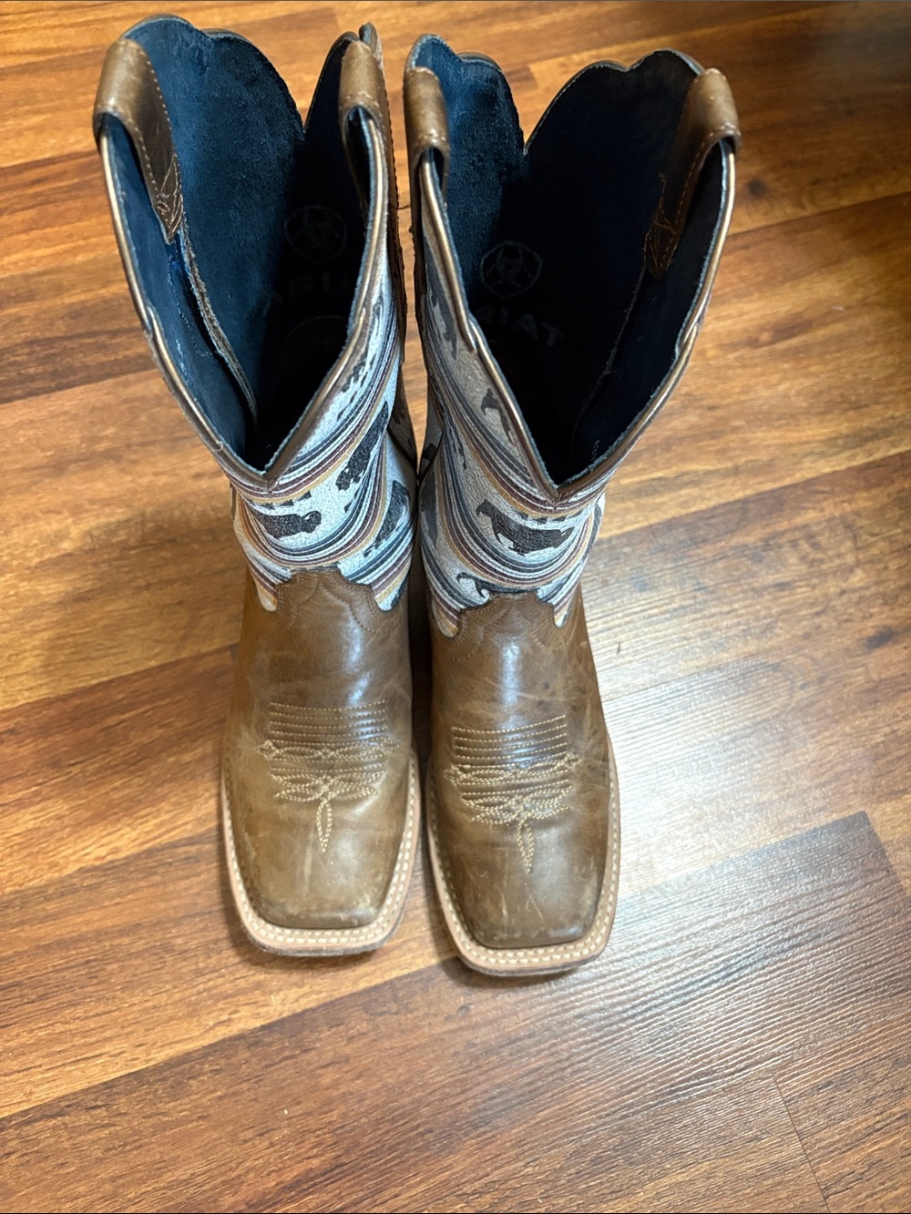 Ariat Brown Leather Cowboy Boots with Multi-Color Patterned Shaft